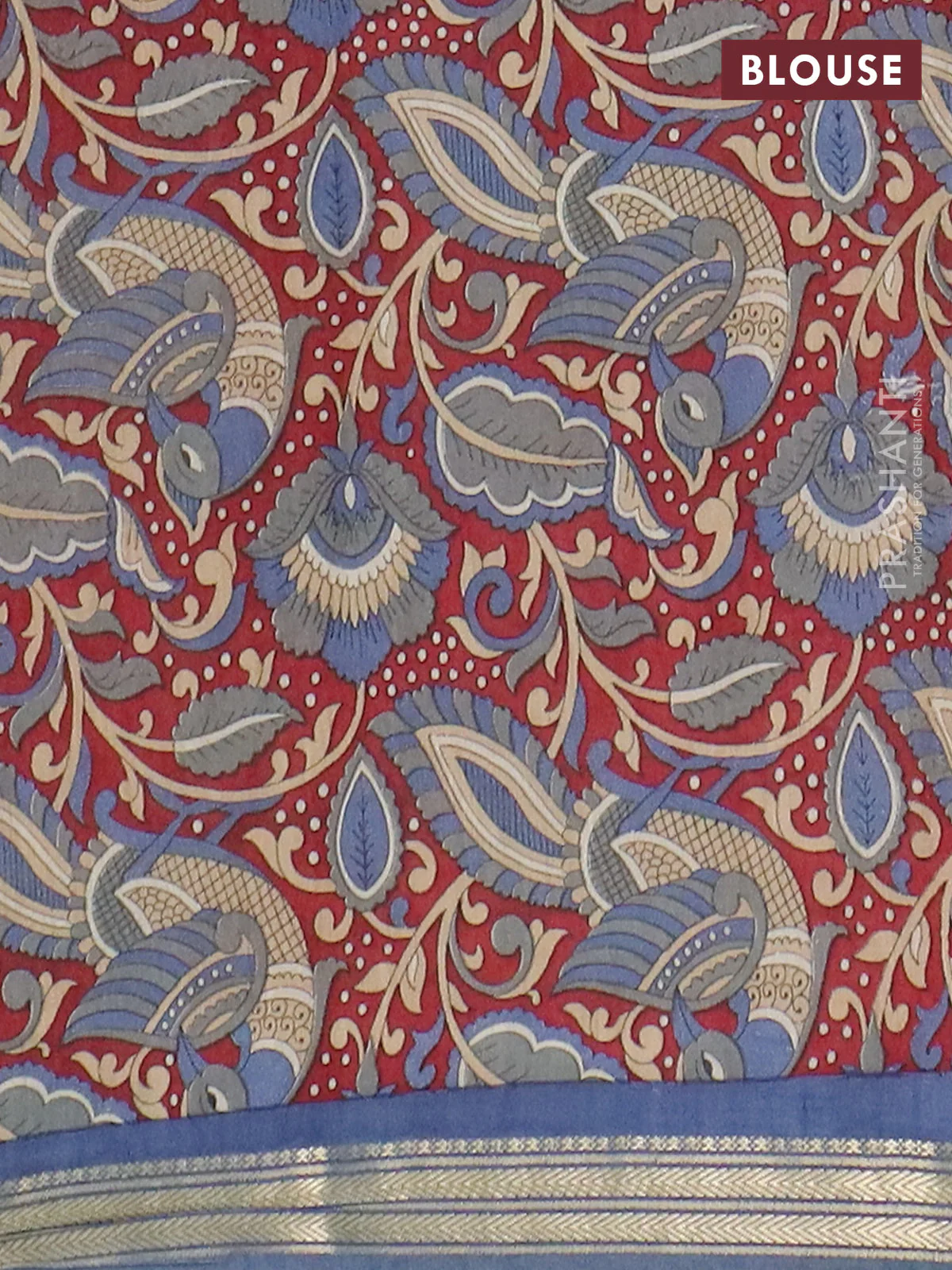 Muslin silk saree bluish grey and maroon with prints and long kalamkari printed zari border - Image 4