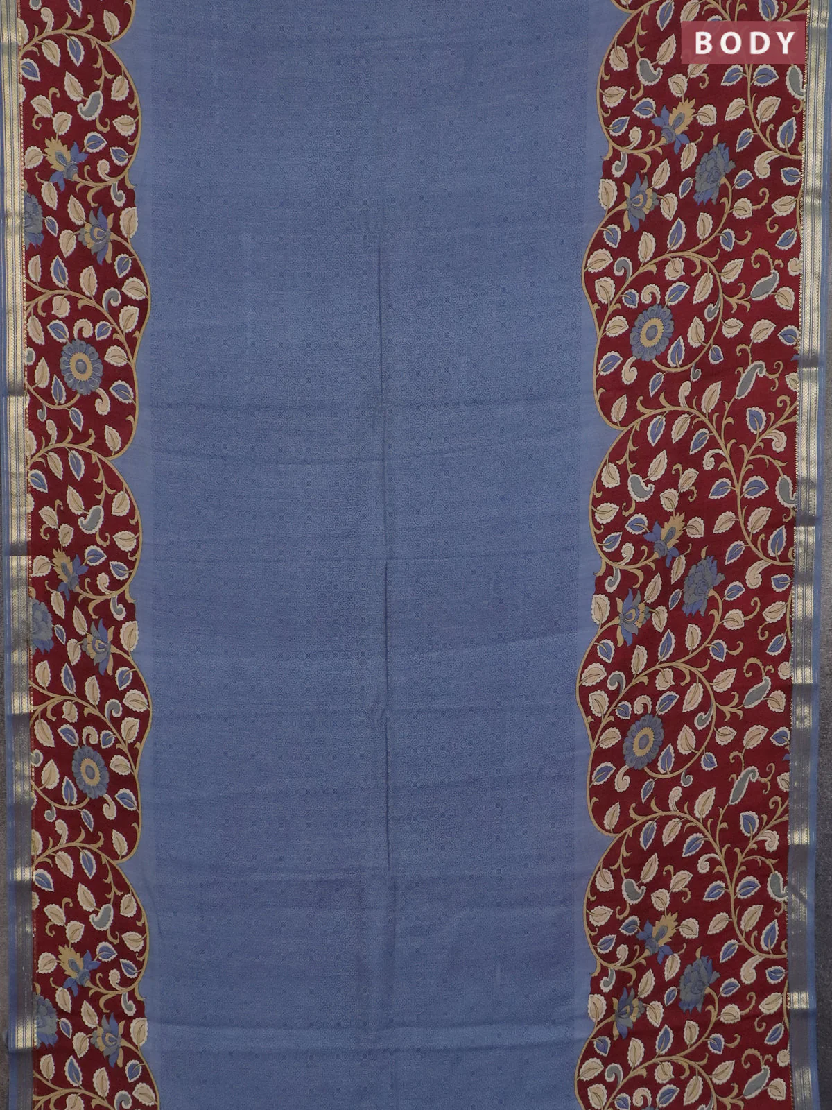 Muslin silk saree bluish grey and maroon with prints and long kalamkari printed zari border - Image 2