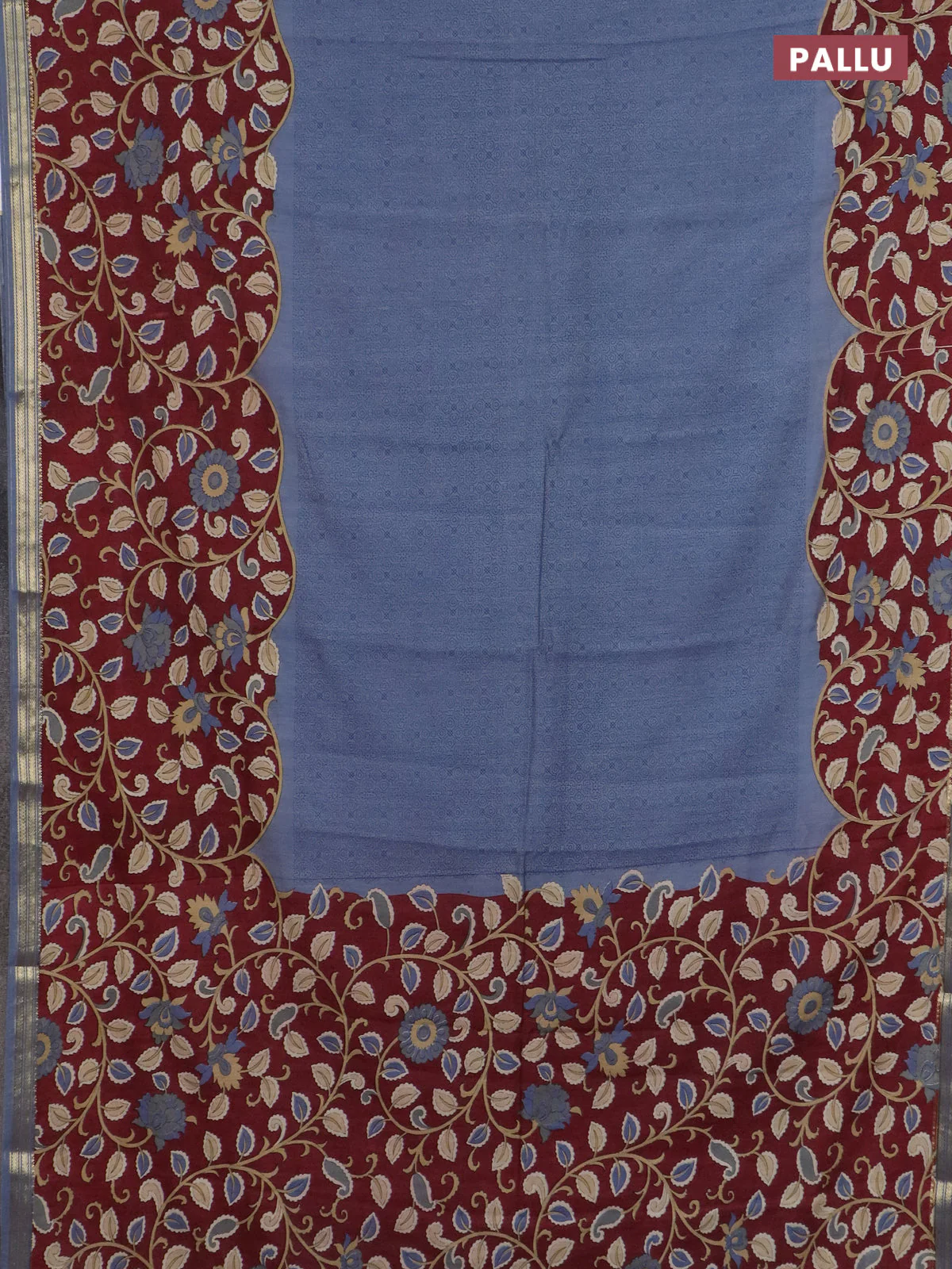 Muslin silk saree bluish grey and maroon with prints and long kalamkari printed zari border - Image 3