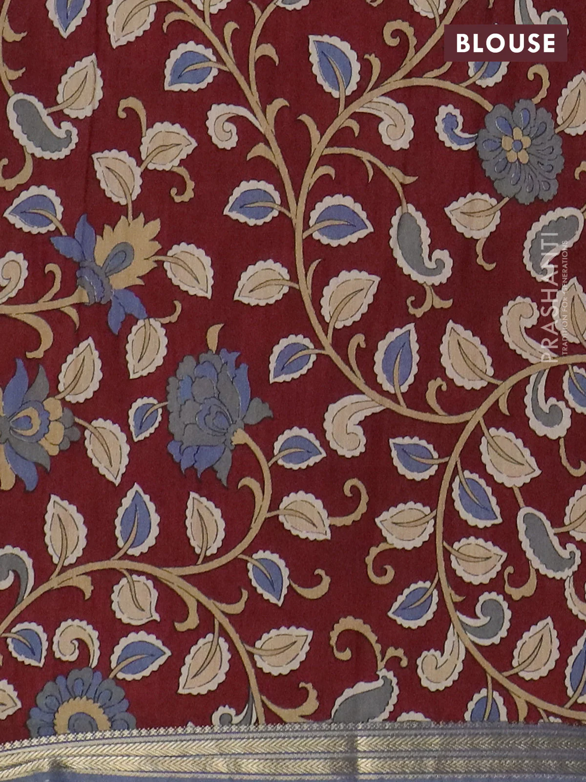 Muslin silk saree bluish grey and maroon with prints and long kalamkari printed zari border - Image 4