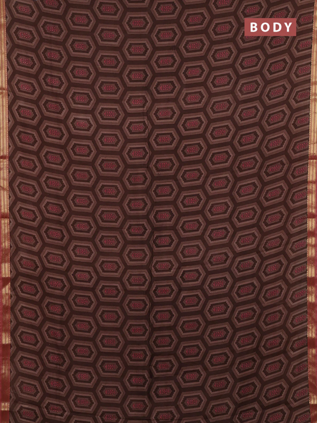 Muslin silk saree brown and dark peach with allover geometric prints and zari woven border - Image 2