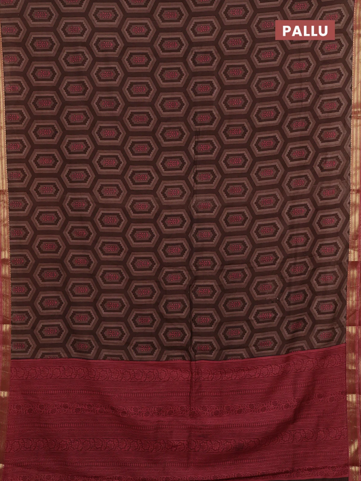 Muslin silk saree brown and dark peach with allover geometric prints and zari woven border - Image 3
