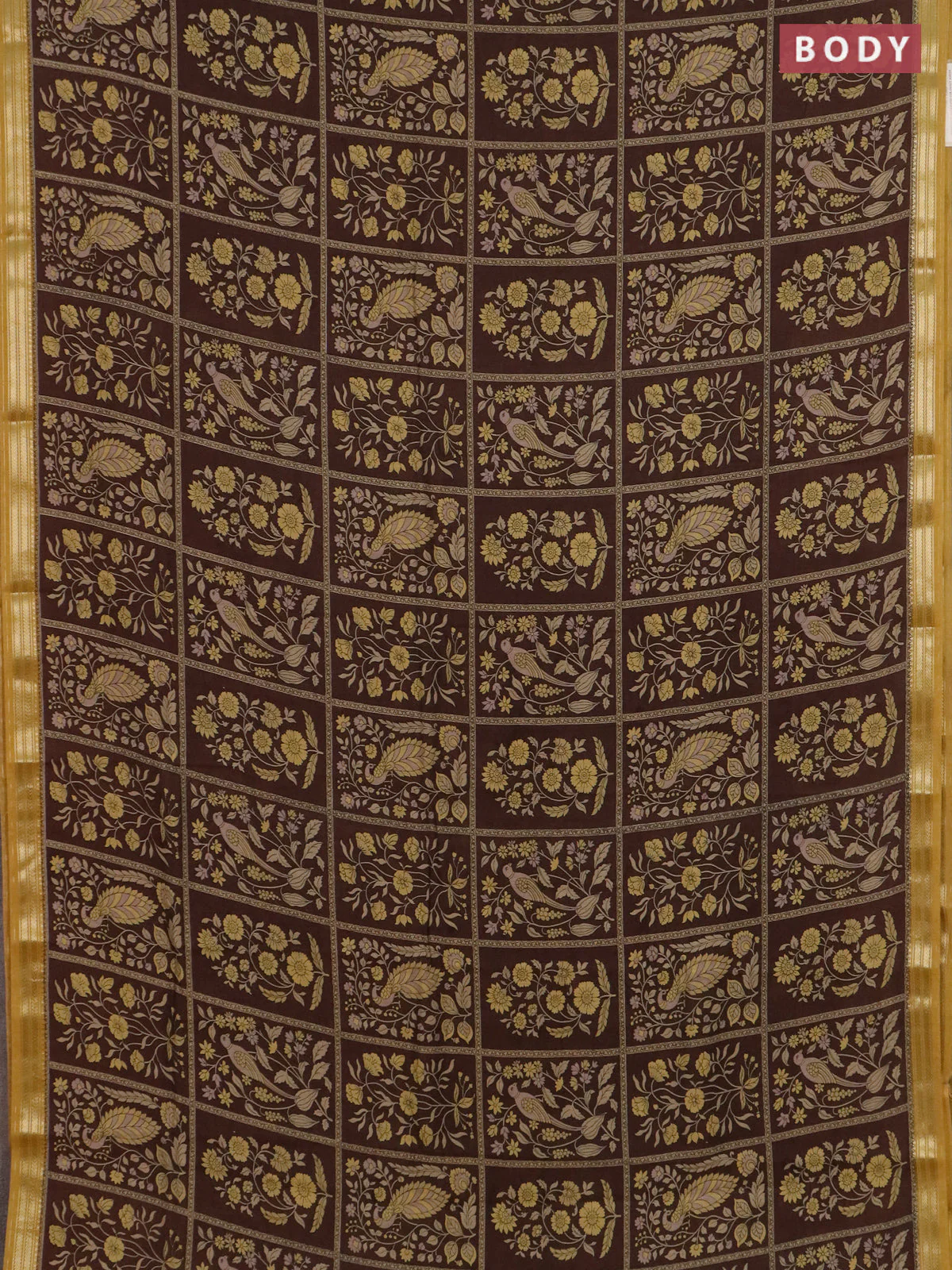 Muslin silk saree coffee brown and mustard yellow with allover prints and zari woven border - Image 2