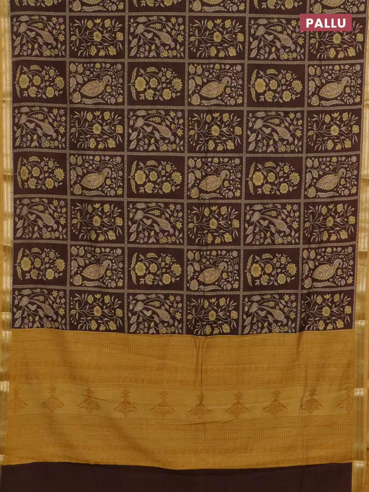 Muslin silk saree coffee brown and mustard yellow with allover prints and zari woven border - Image 3