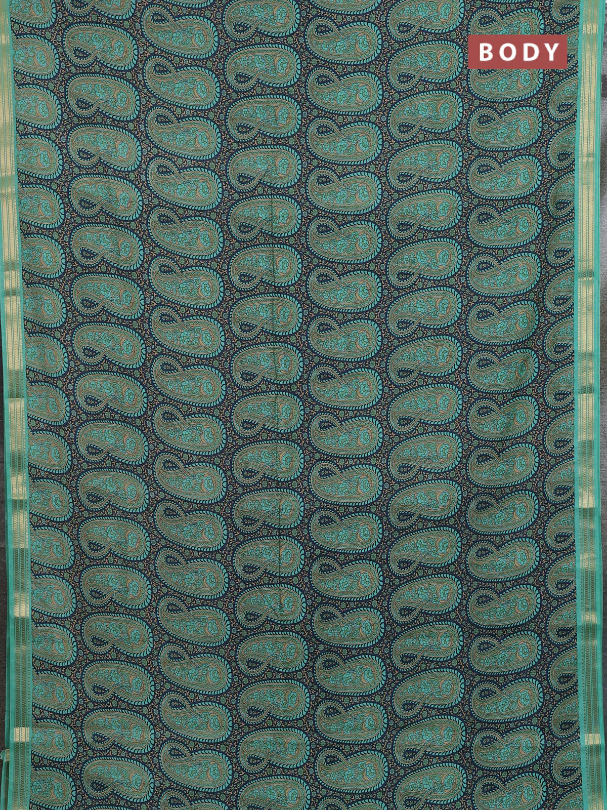 Muslin silk saree dark grey and teal green with allover paisley prints and zari woven border - Image 2
