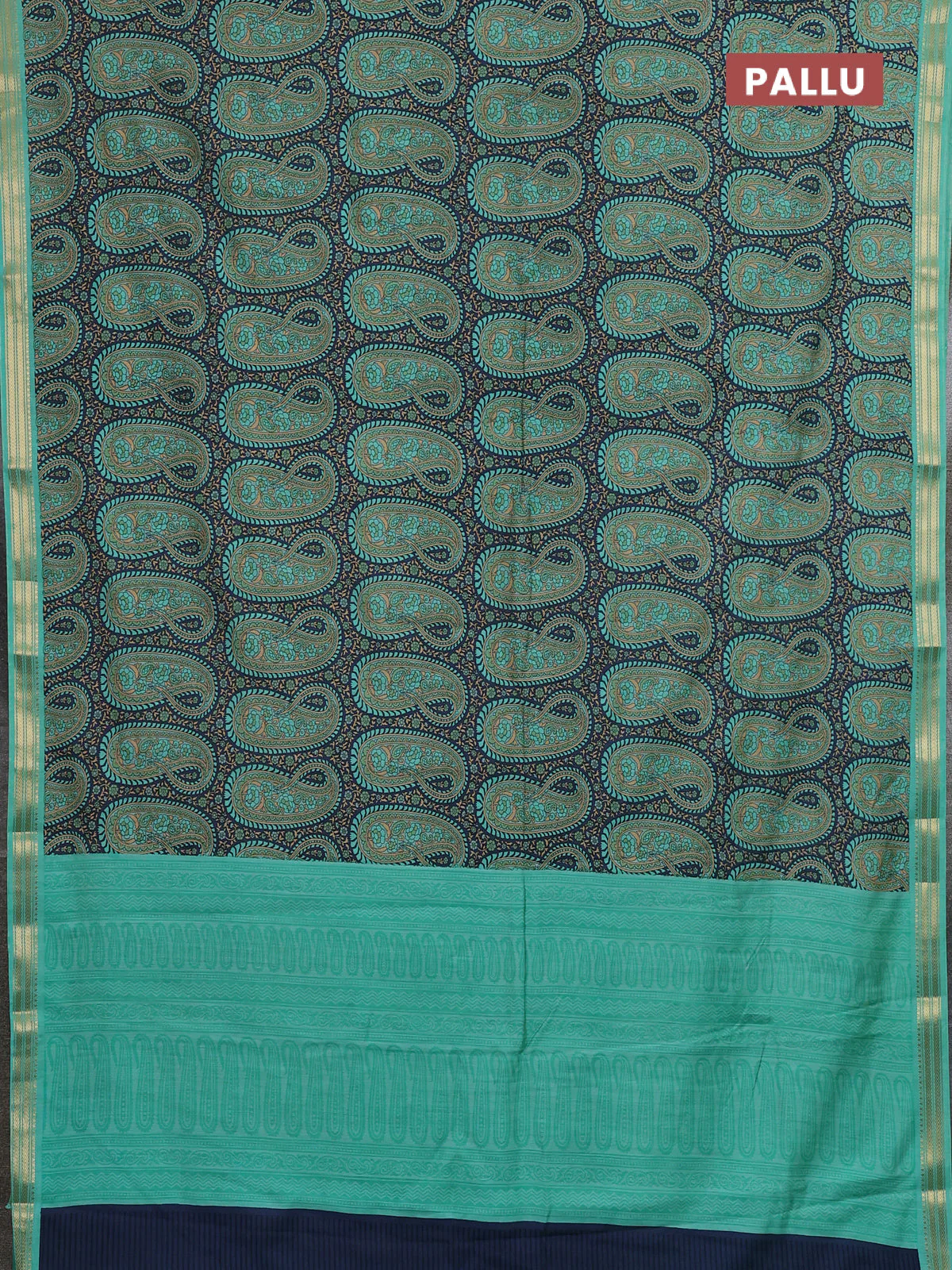 Muslin silk saree dark grey and teal green with allover paisley prints and zari woven border - Image 3