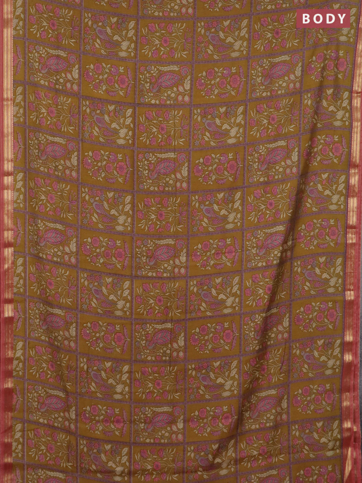 Muslin silk saree dark mustard and dark peach with allover prints and zari woven border - Image 2