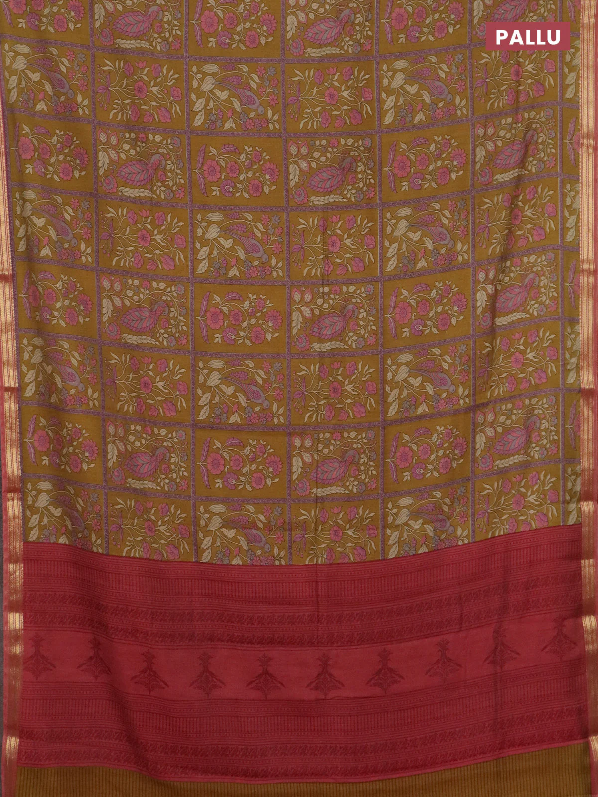 Muslin silk saree dark mustard and dark peach with allover prints and zari woven border - Image 3