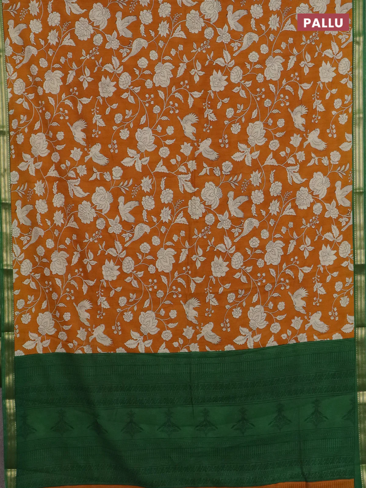 Muslin silk saree dark mustard and green with allover floral prints and zari woven border - Image 3