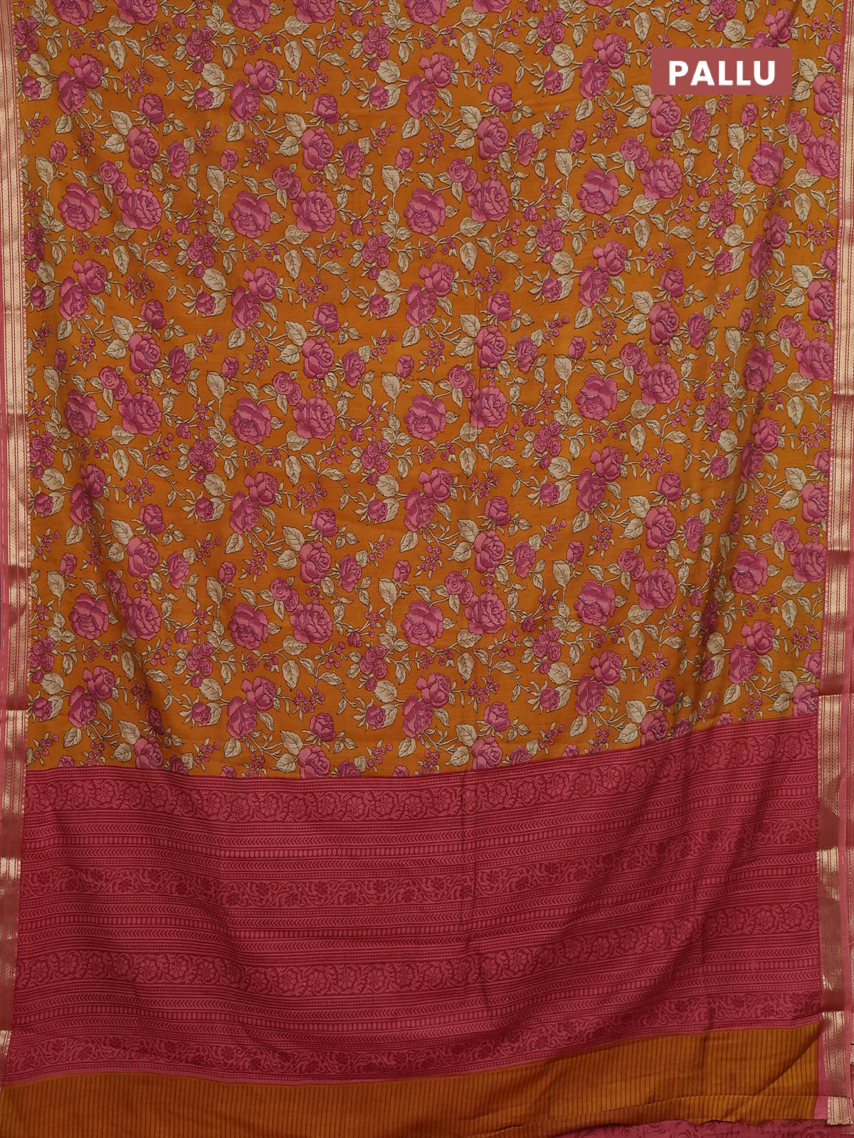 Muslin silk saree dark mustard and peach shade with allover floral prints and zari woven border - Image 3