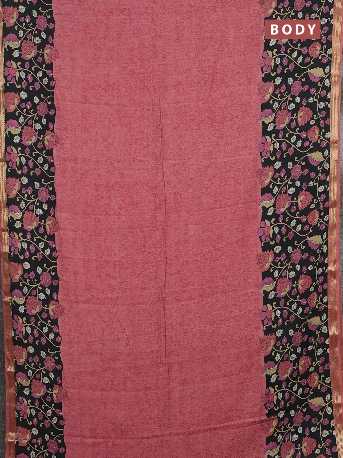 Muslin silk saree dark peach and black with allover prints and long kalamkari printed zari border - Image 2