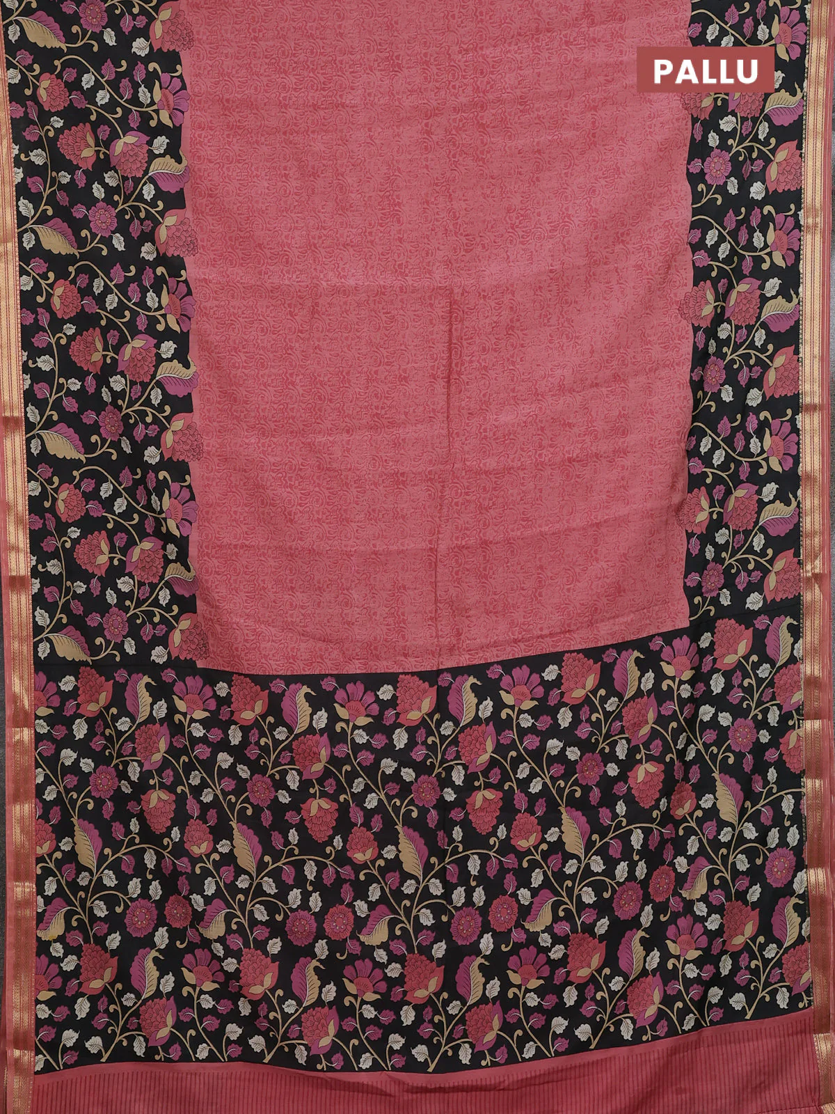 Muslin silk saree dark peach and black with allover prints and long kalamkari printed zari border - Image 3