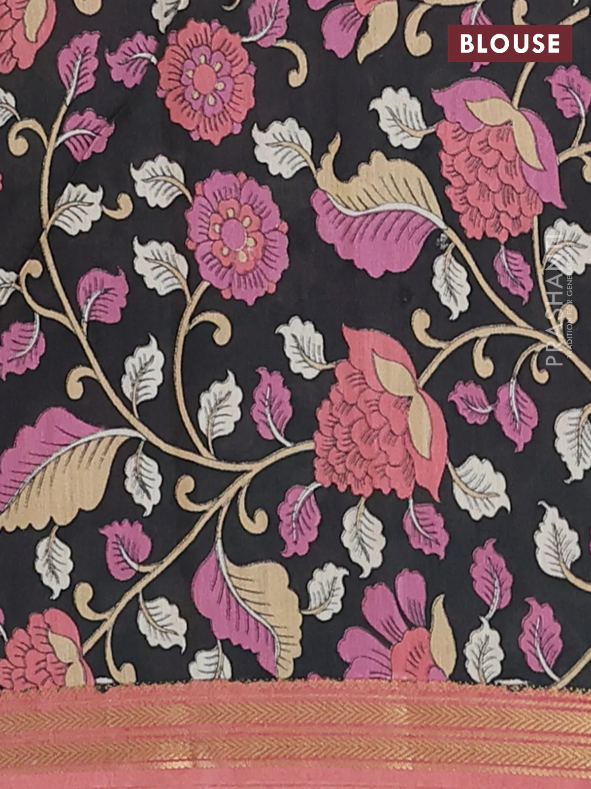 Muslin silk saree dark peach and black with allover prints and long kalamkari printed zari border - Image 4