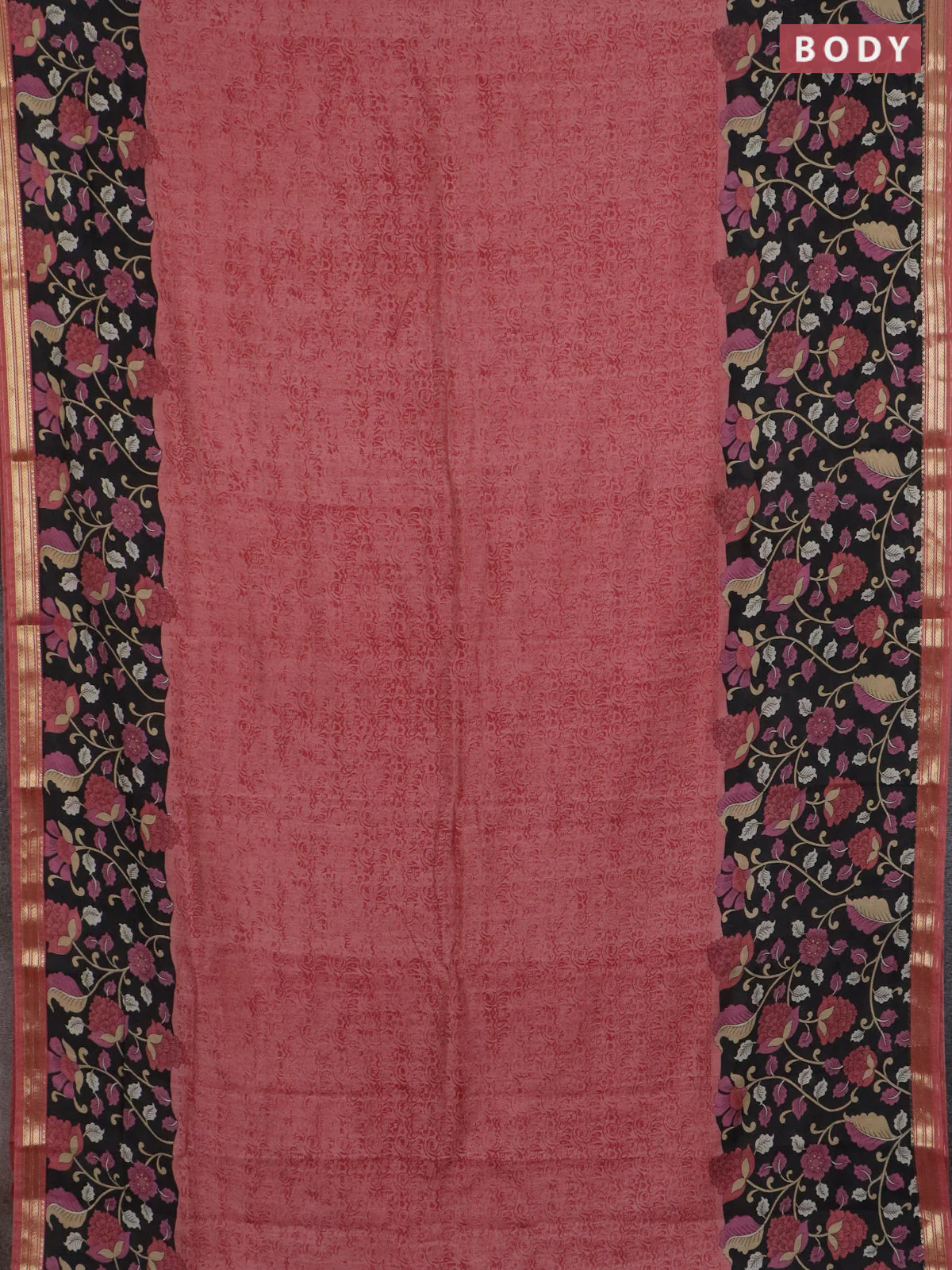 Muslin silk saree dark peach and black with prints and long kalamkari printed zari border - Image 2
