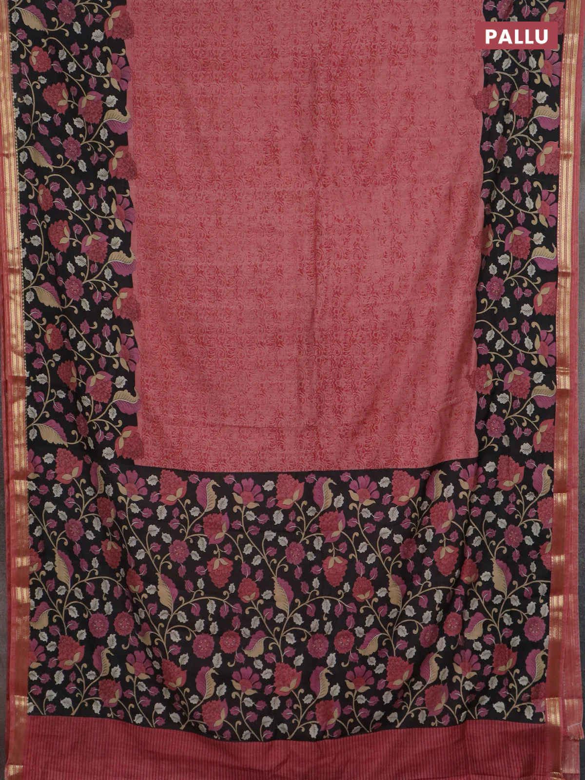 Muslin silk saree dark peach and black with prints and long kalamkari printed zari border - Image 3