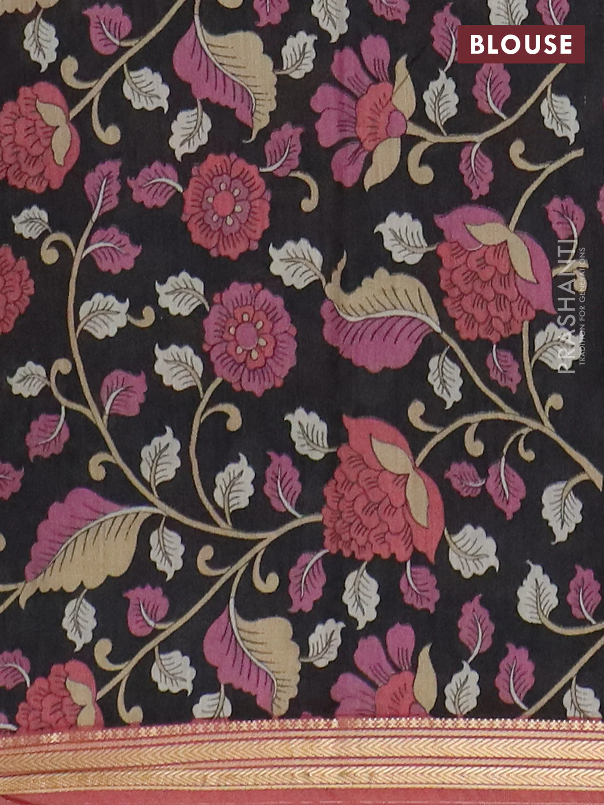 Muslin silk saree dark peach and black with prints and long kalamkari printed zari border - Image 4