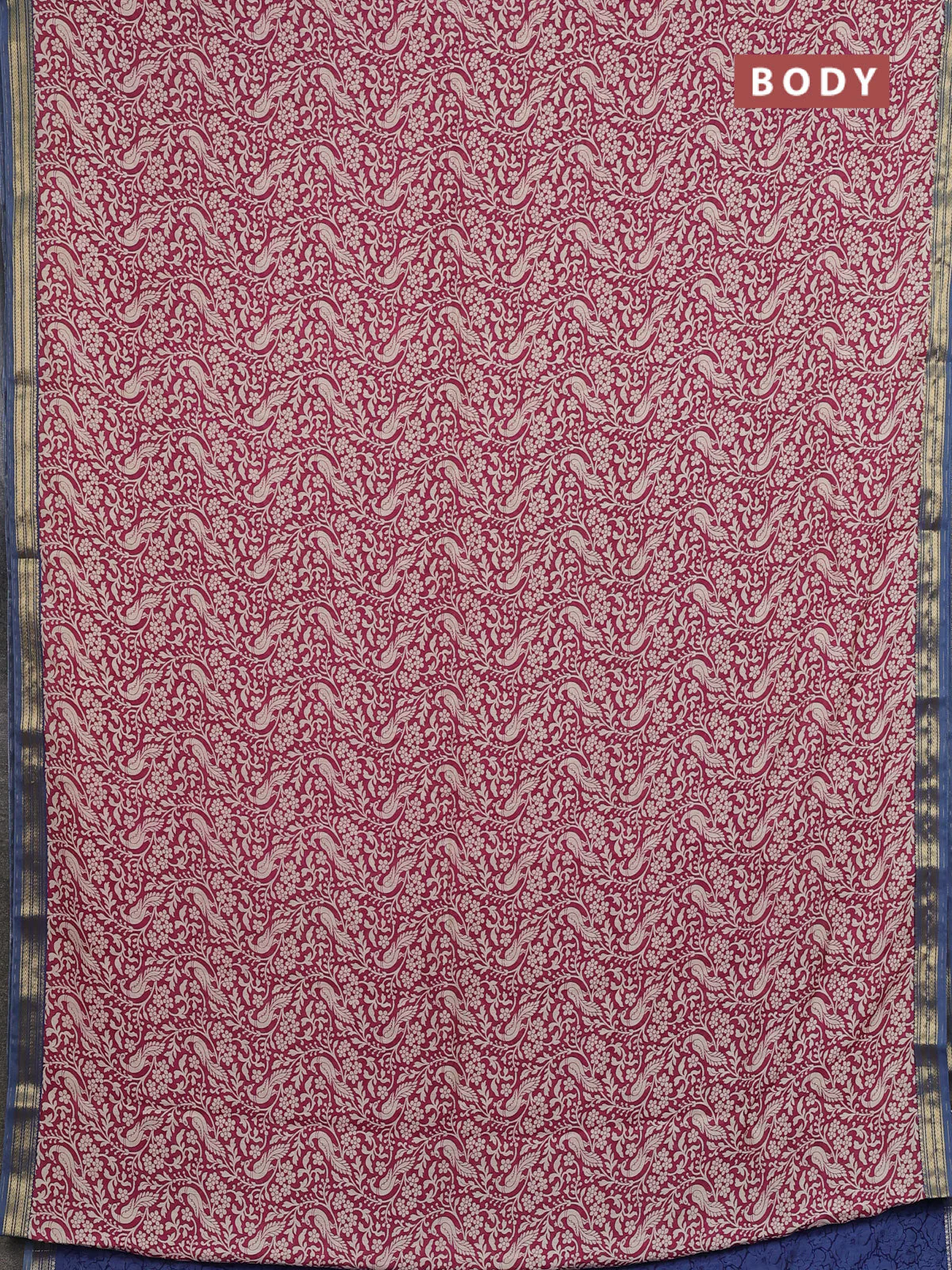 Muslin silk saree dark pink and blue shade with allover peacock prints and zari woven border - Image 2