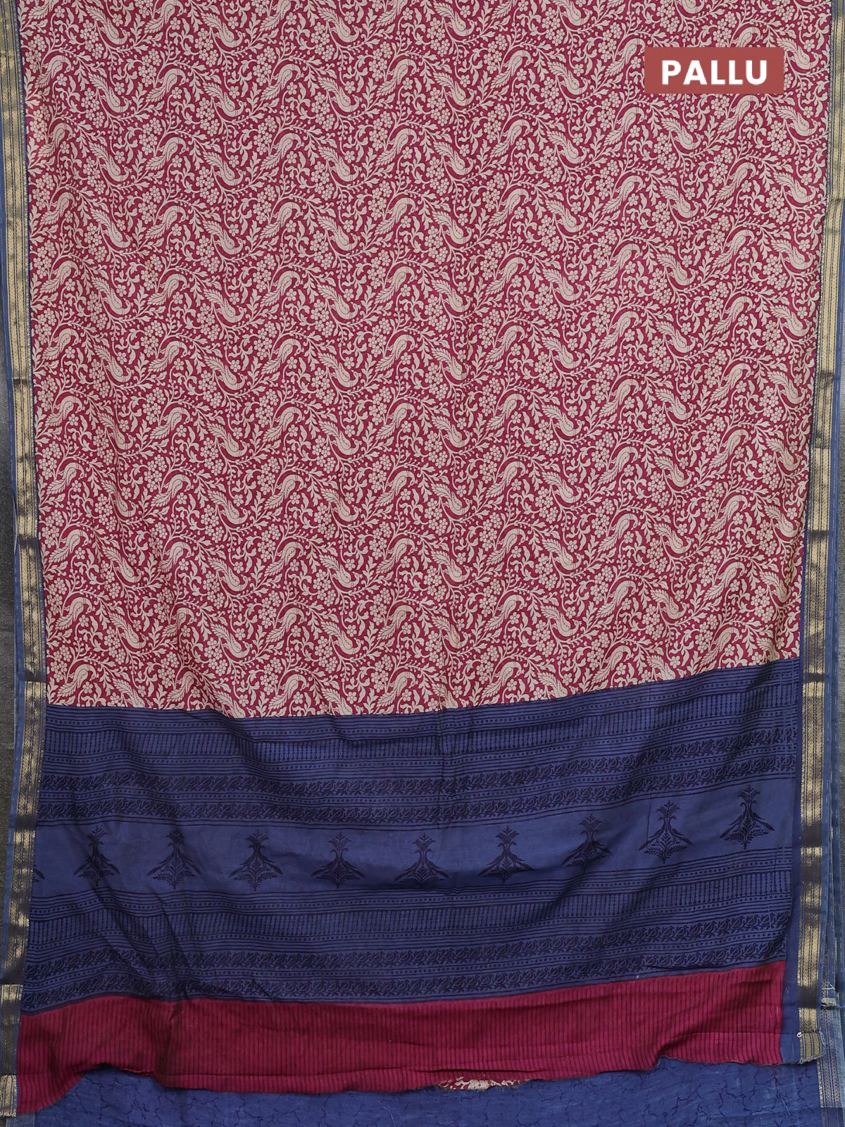 Muslin silk saree dark pink and blue shade with allover peacock prints and zari woven border - Image 3