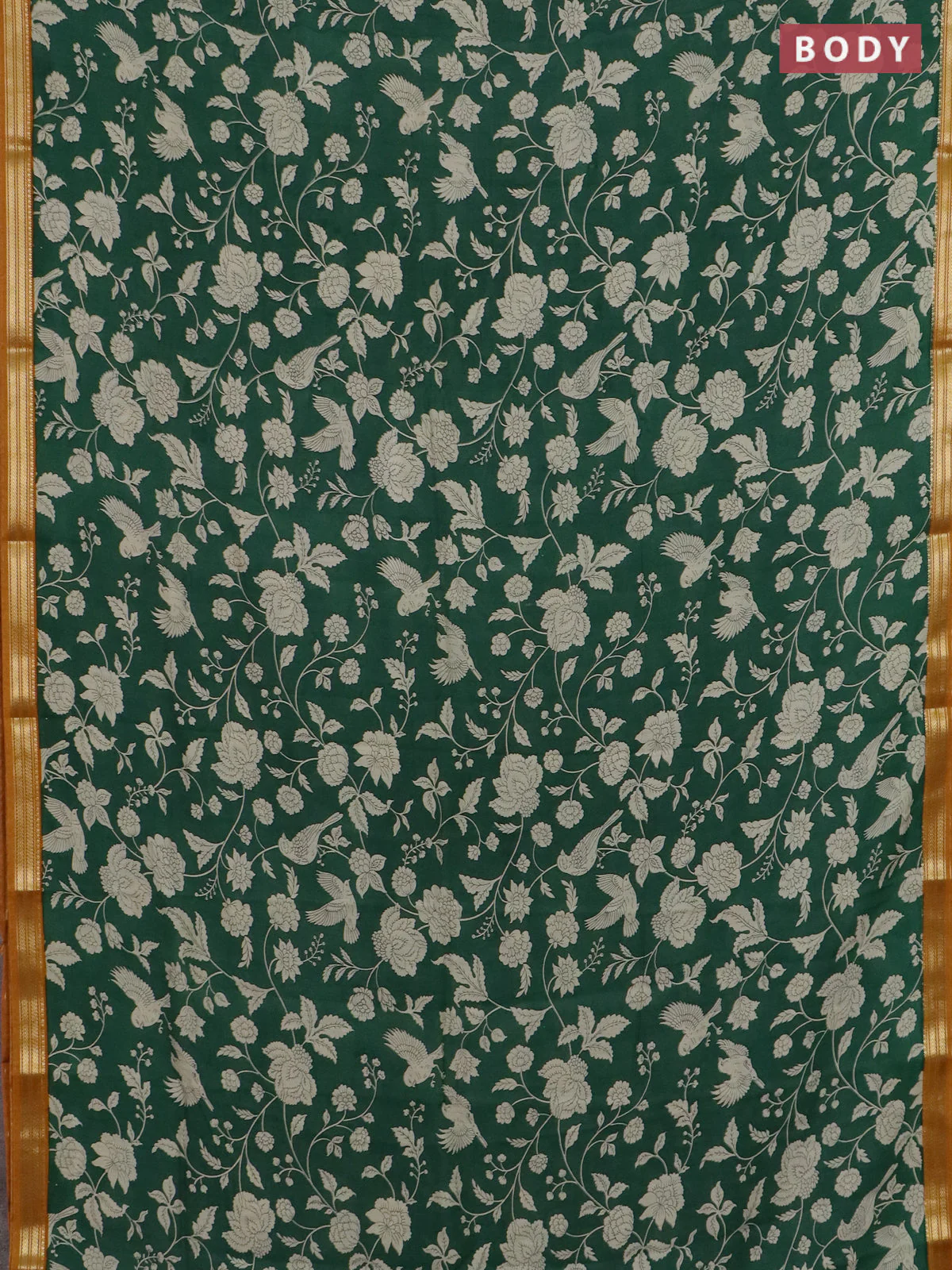 Muslin silk saree green and dark mustard with allover floral prints and zari woven border - Image 2