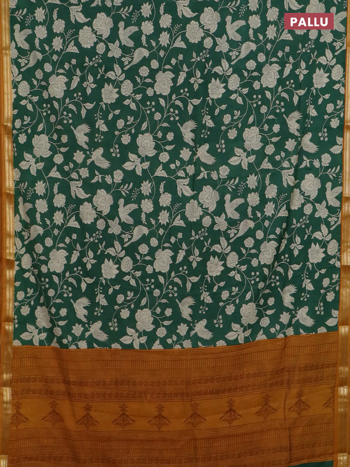 Muslin silk saree green and dark mustard with allover floral prints and zari woven border - Image 3