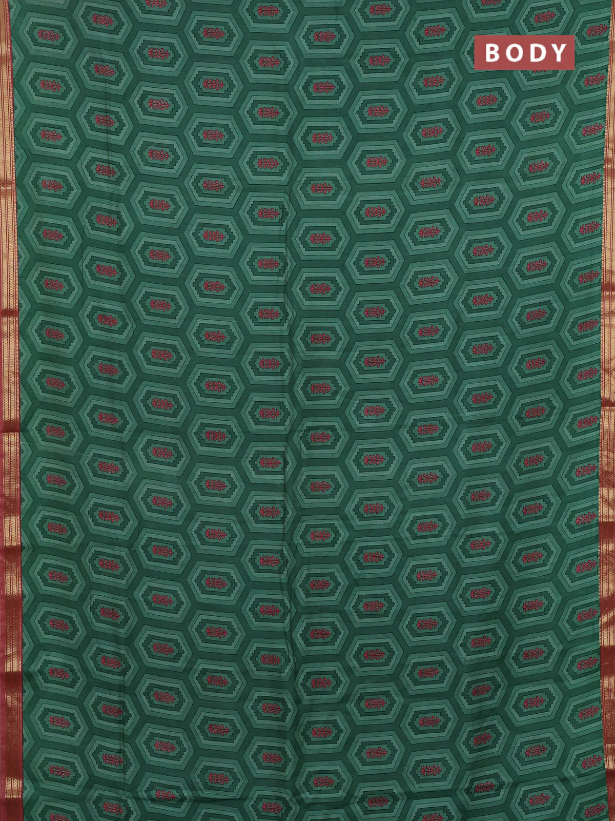 Muslin silk saree green and dark peach with allover geometric prints and zari woven border - Image 2