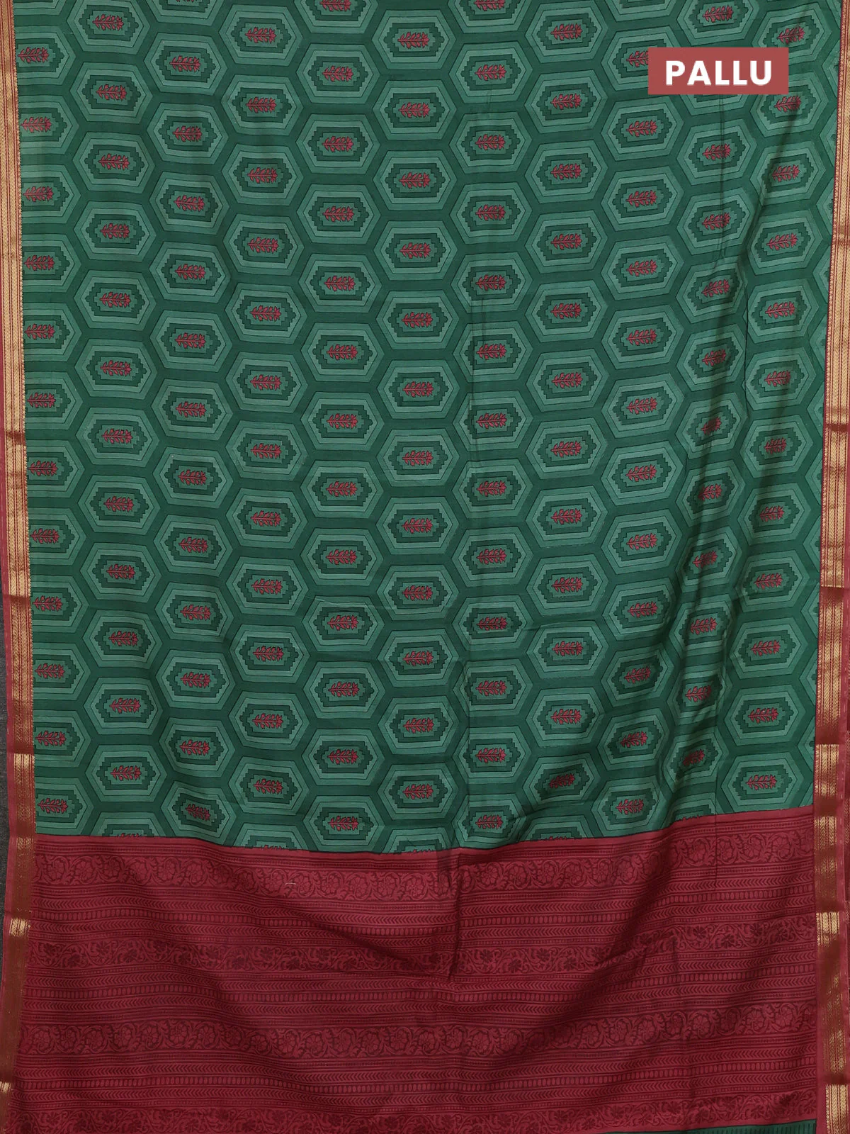 Muslin silk saree green and dark peach with allover geometric prints and zari woven border - Image 3