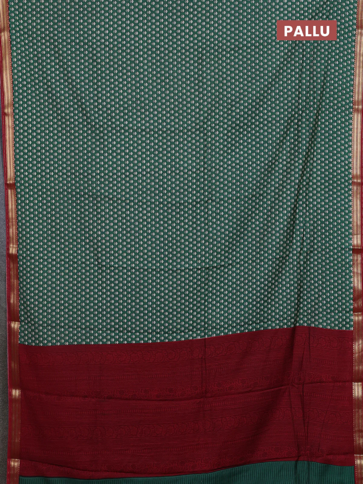 Muslin silk saree green and maroon with allover butta prints and zari woven border - Image 3