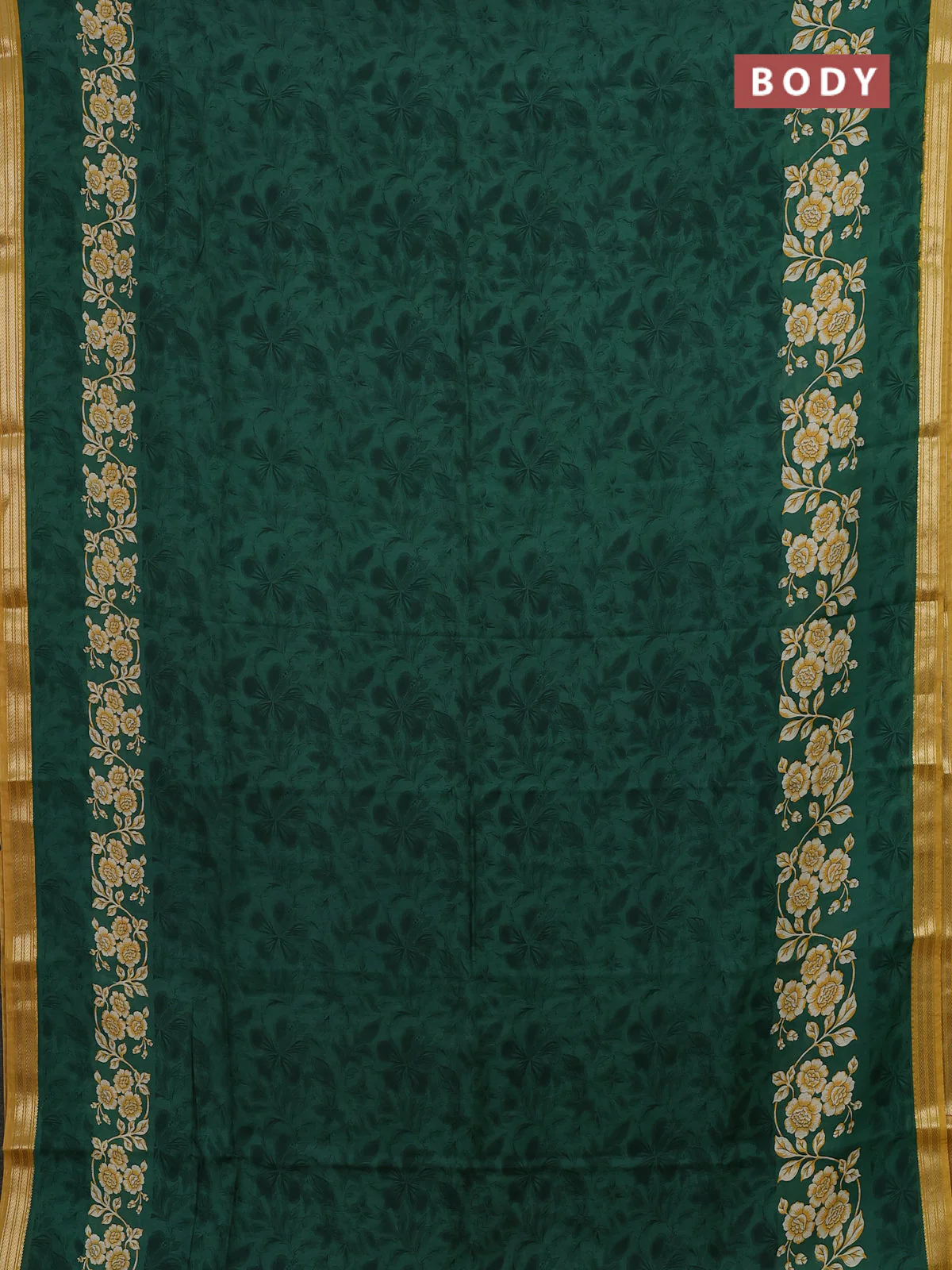 Muslin silk saree green and mustard yellow with allover floral prints and zari woven border - Image 2