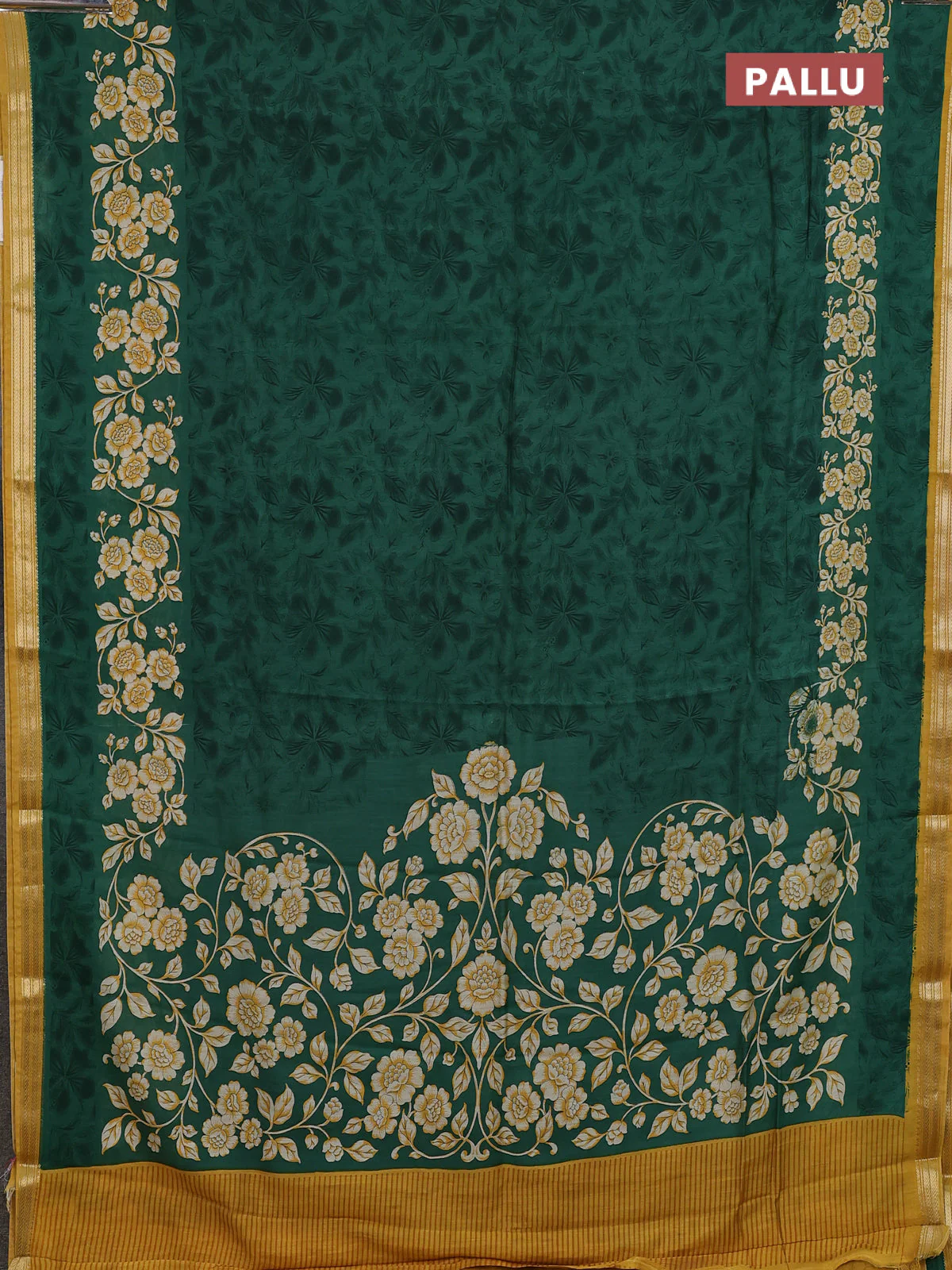 Muslin silk saree green and mustard yellow with allover floral prints and zari woven border - Image 3