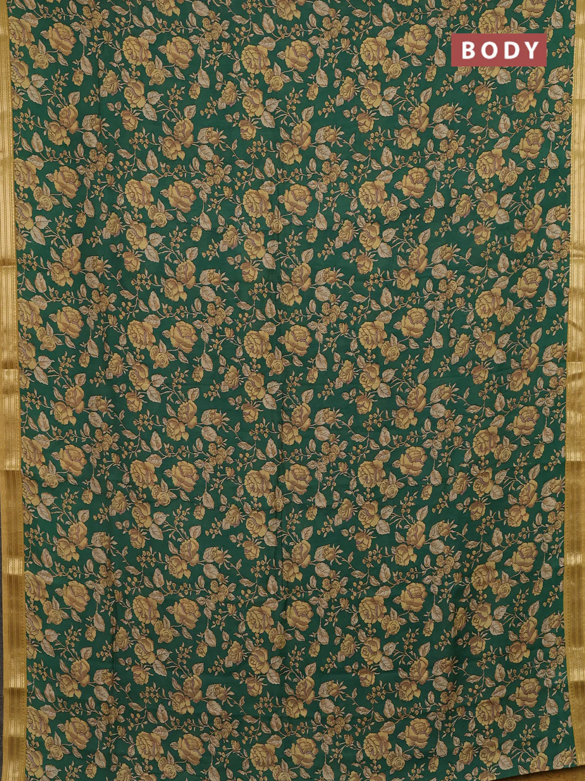 Muslin silk saree green and mustard yellow with allover floral prints and zari woven border - Image 2