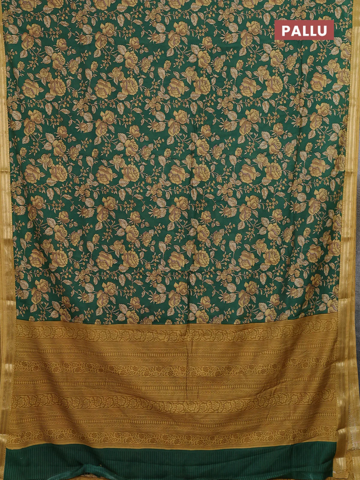Muslin silk saree green and mustard yellow with allover floral prints and zari woven border - Image 3