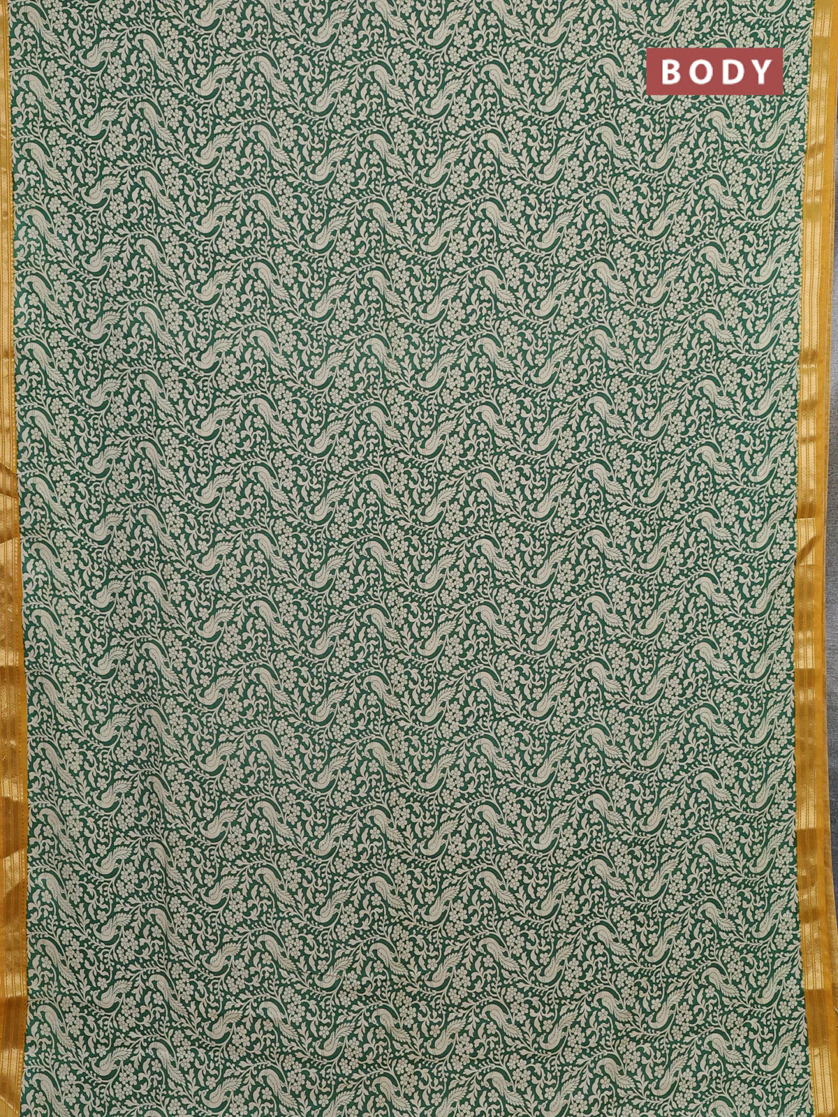 Muslin silk saree green and mustard yellow with allover peacock prints and zari woven border - Image 2