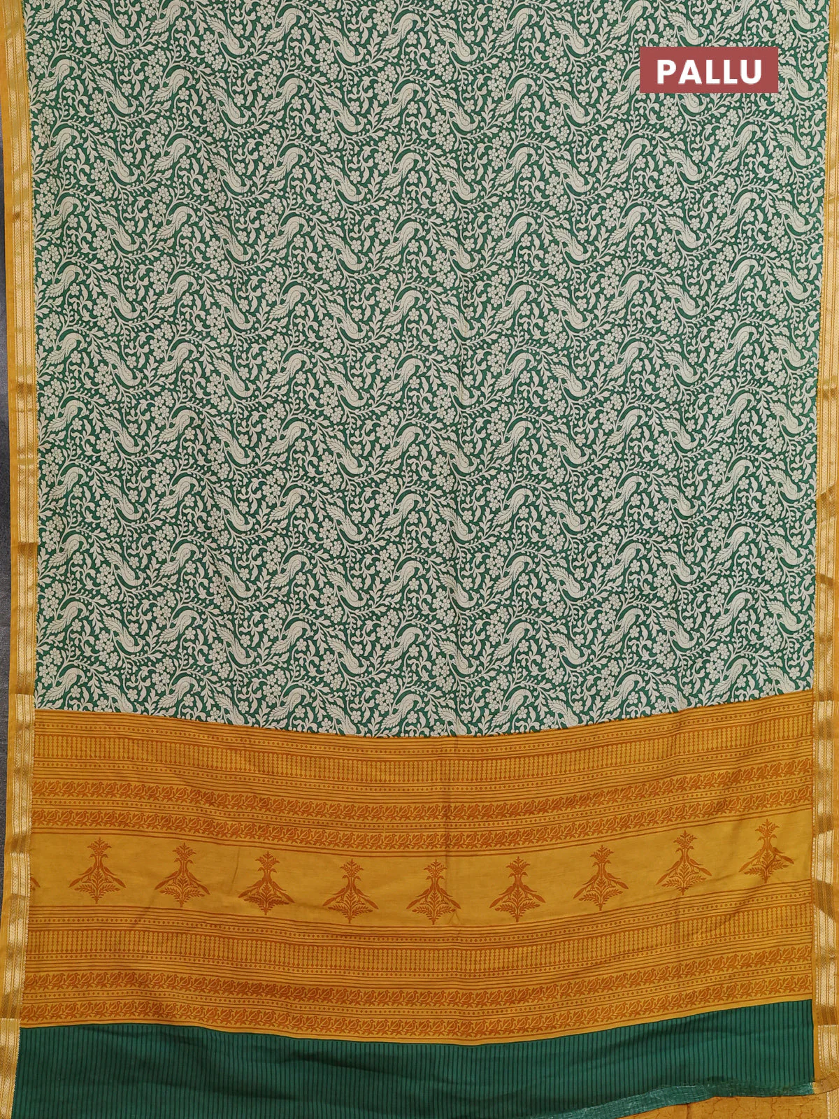 Muslin silk saree green and mustard yellow with allover peacock prints and zari woven border - Image 3