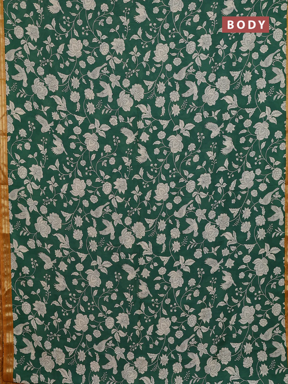 Muslin silk saree green and mustard yellow with allover prints and zari woven border - Image 2
