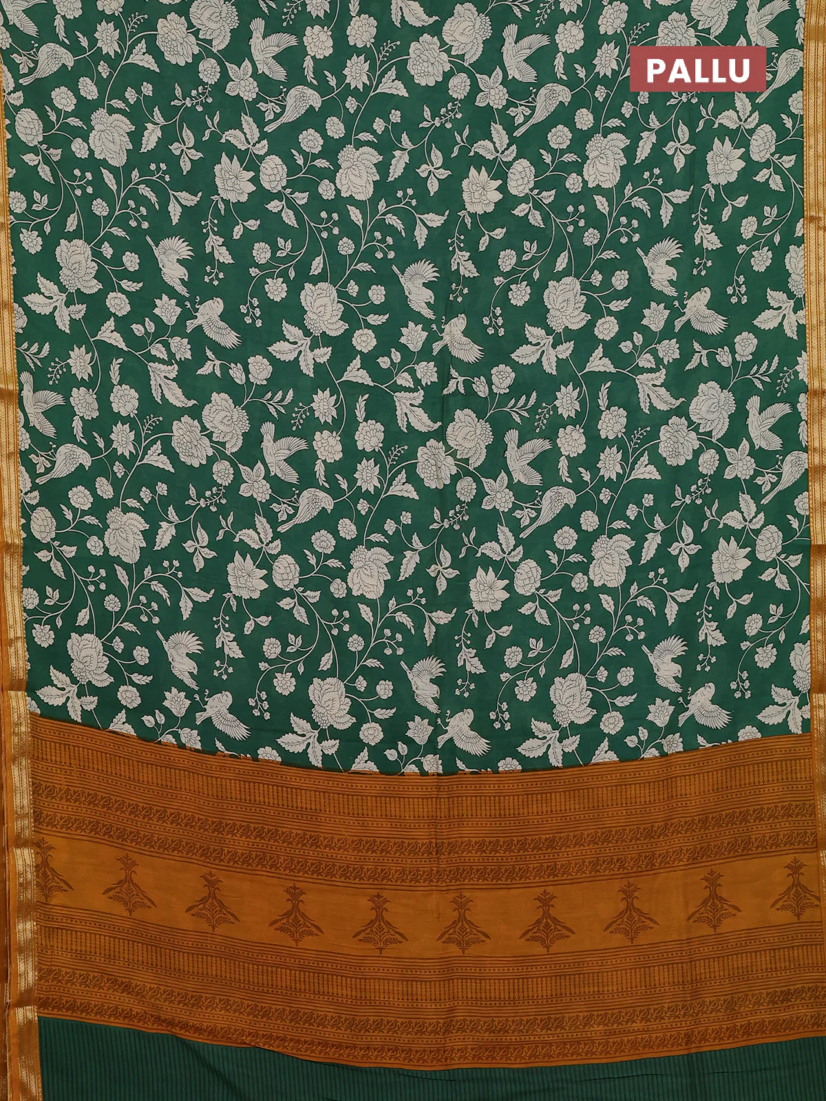 Muslin silk saree green and mustard yellow with allover prints and zari woven border - Image 3
