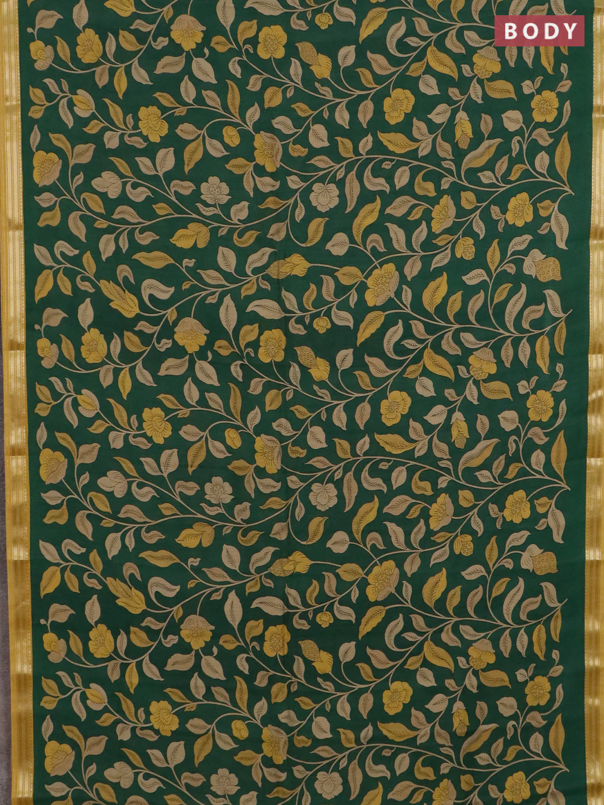 Muslin silk saree green and mustard yellow with allover prints and zari woven border - Image 2