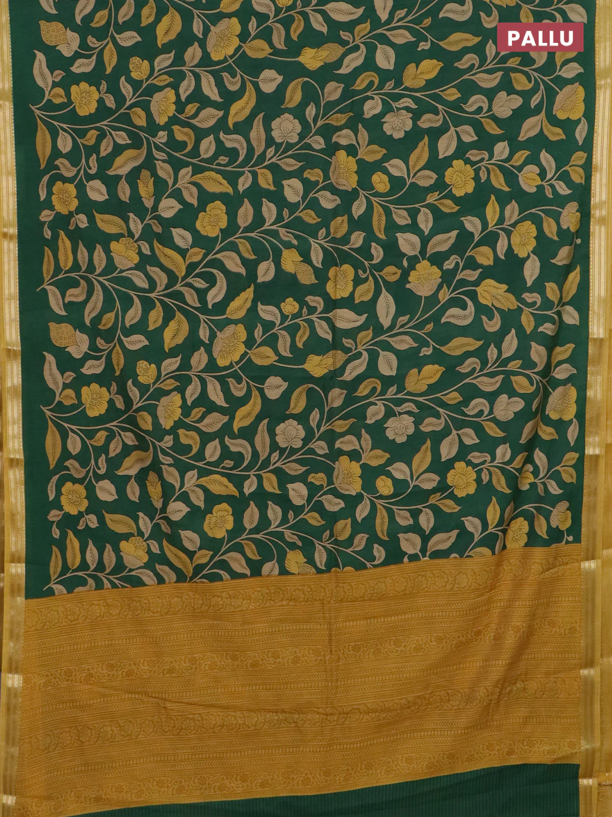 Muslin silk saree green and mustard yellow with allover prints and zari woven border - Image 3
