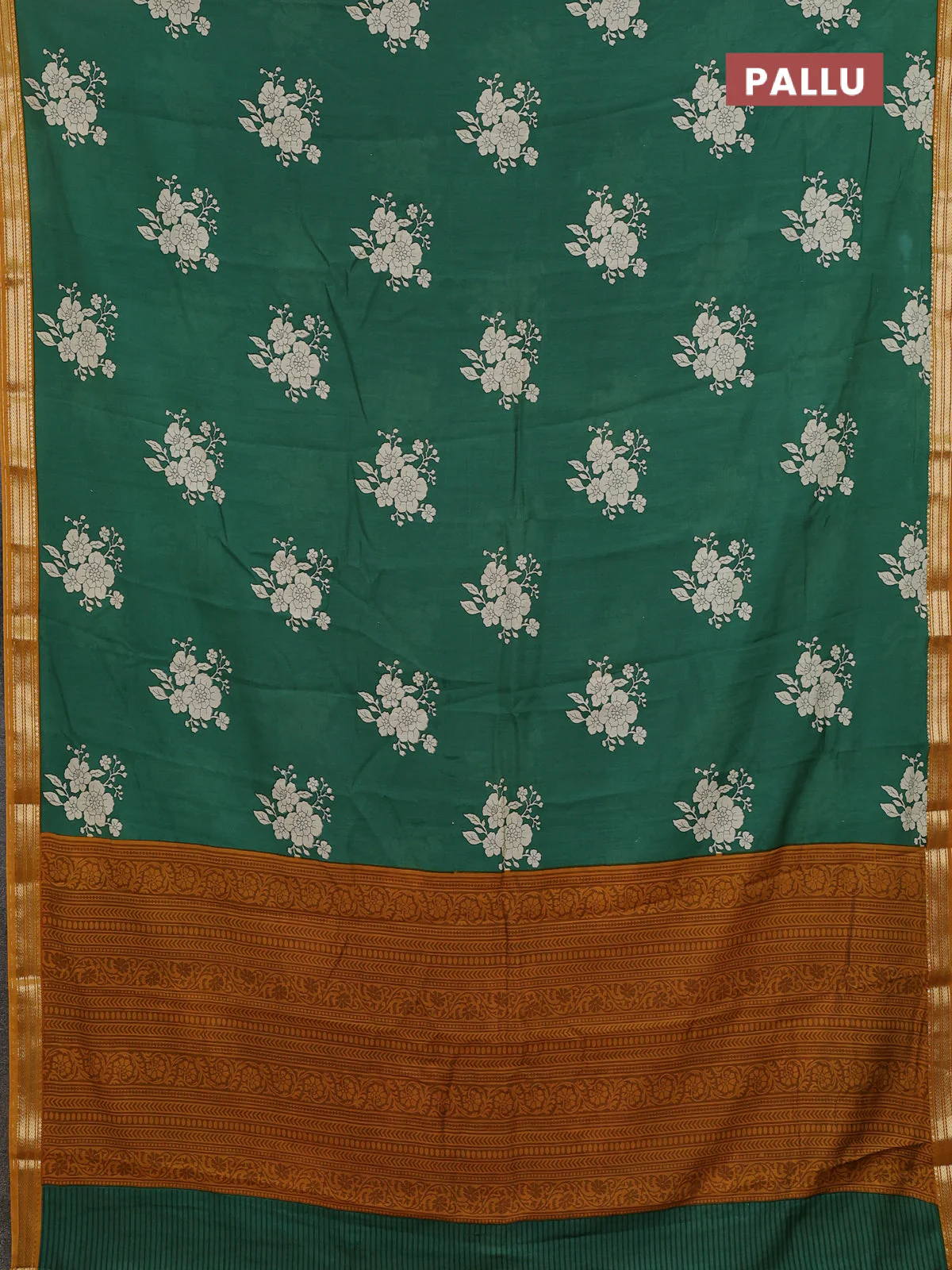 Muslin silk saree green and mustard yellow with floral butta prints and zari woven border - Image 3