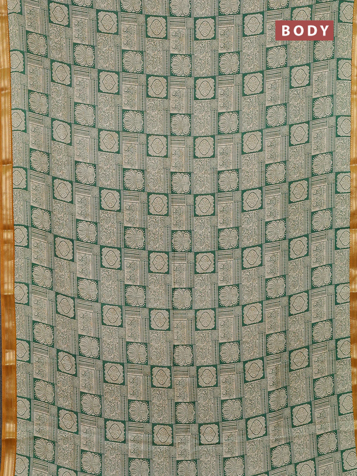 Muslin silk saree green beige and mustard yellow with allover prints and zari woven border - Image 2