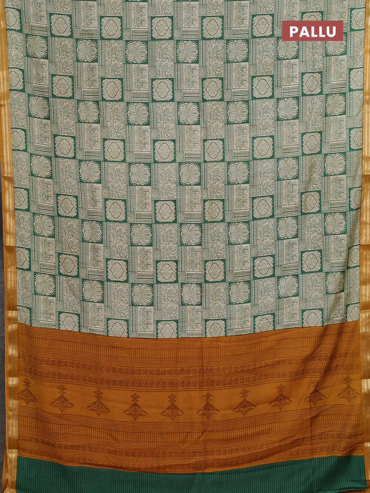 Muslin silk saree green beige and mustard yellow with allover prints and zari woven border - Image 3