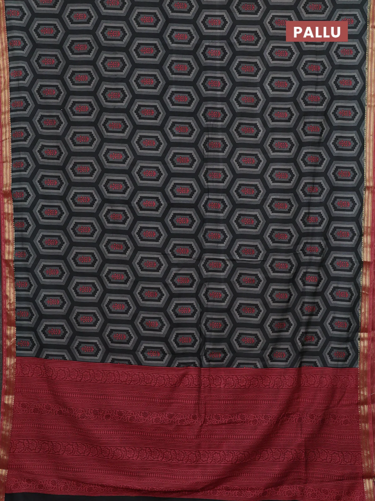 Muslin silk saree grey and pastel maroon with allover geometric prints and zari woven border - Image 3