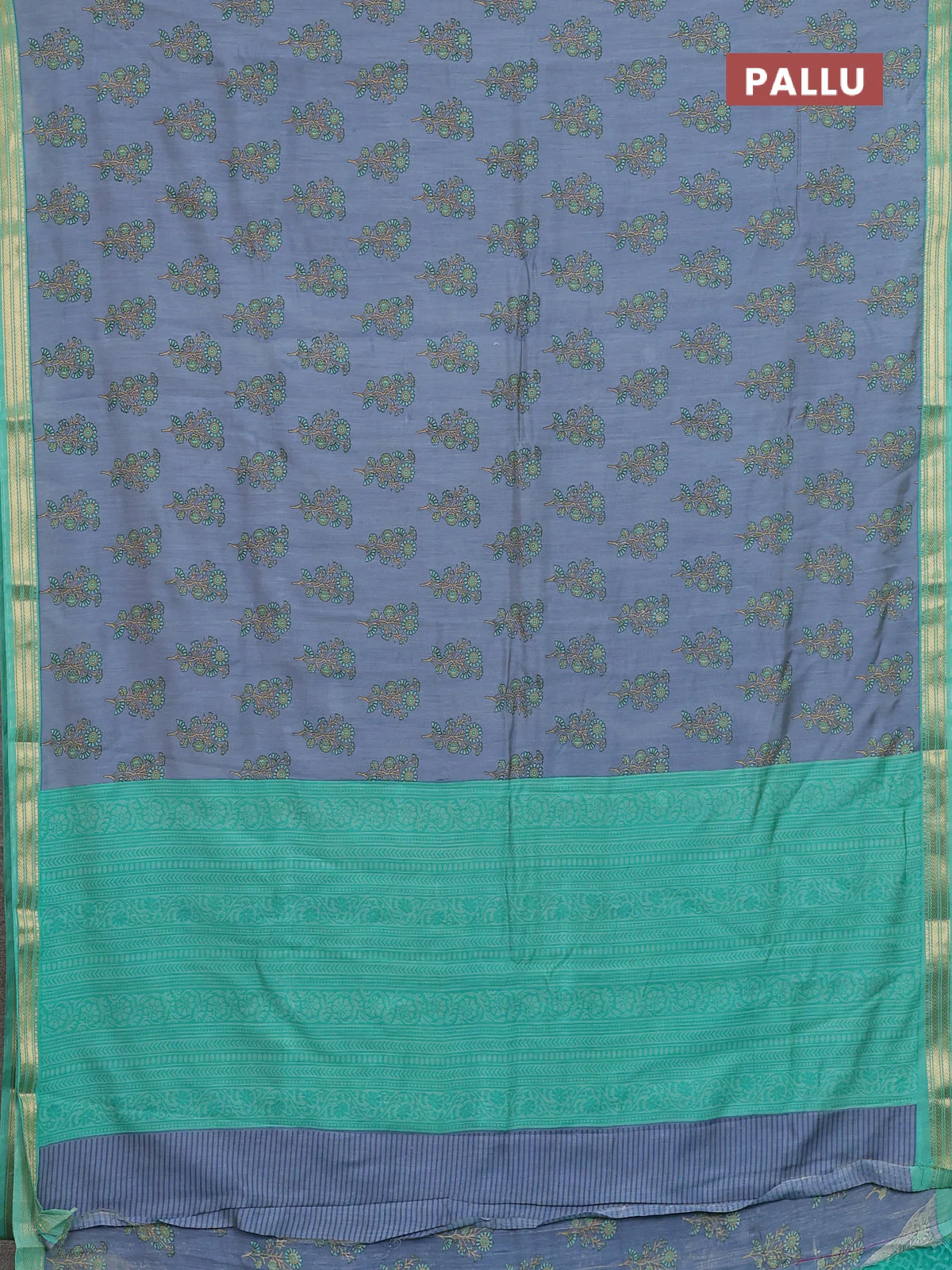 Muslin silk saree grey and teal green with allover floral butta prints and zari woven border - Image 3