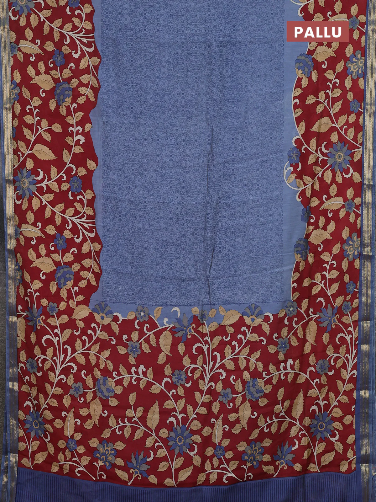 Muslin silk saree greyish blue and maroon with allover prints and long kalamkari printed zari border - Image 3
