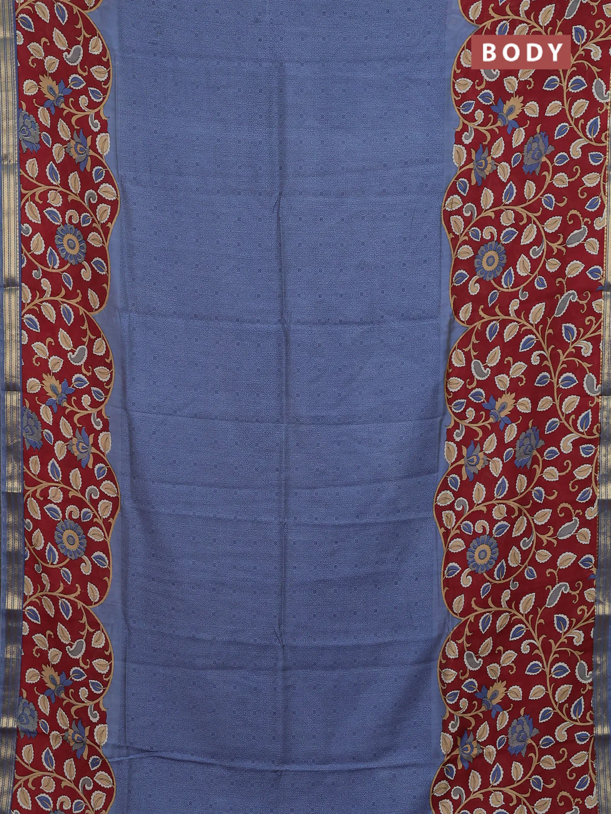 Muslin silk saree greyish blue and maroon with allover prints and long kalamkari printed zari border - Image 2
