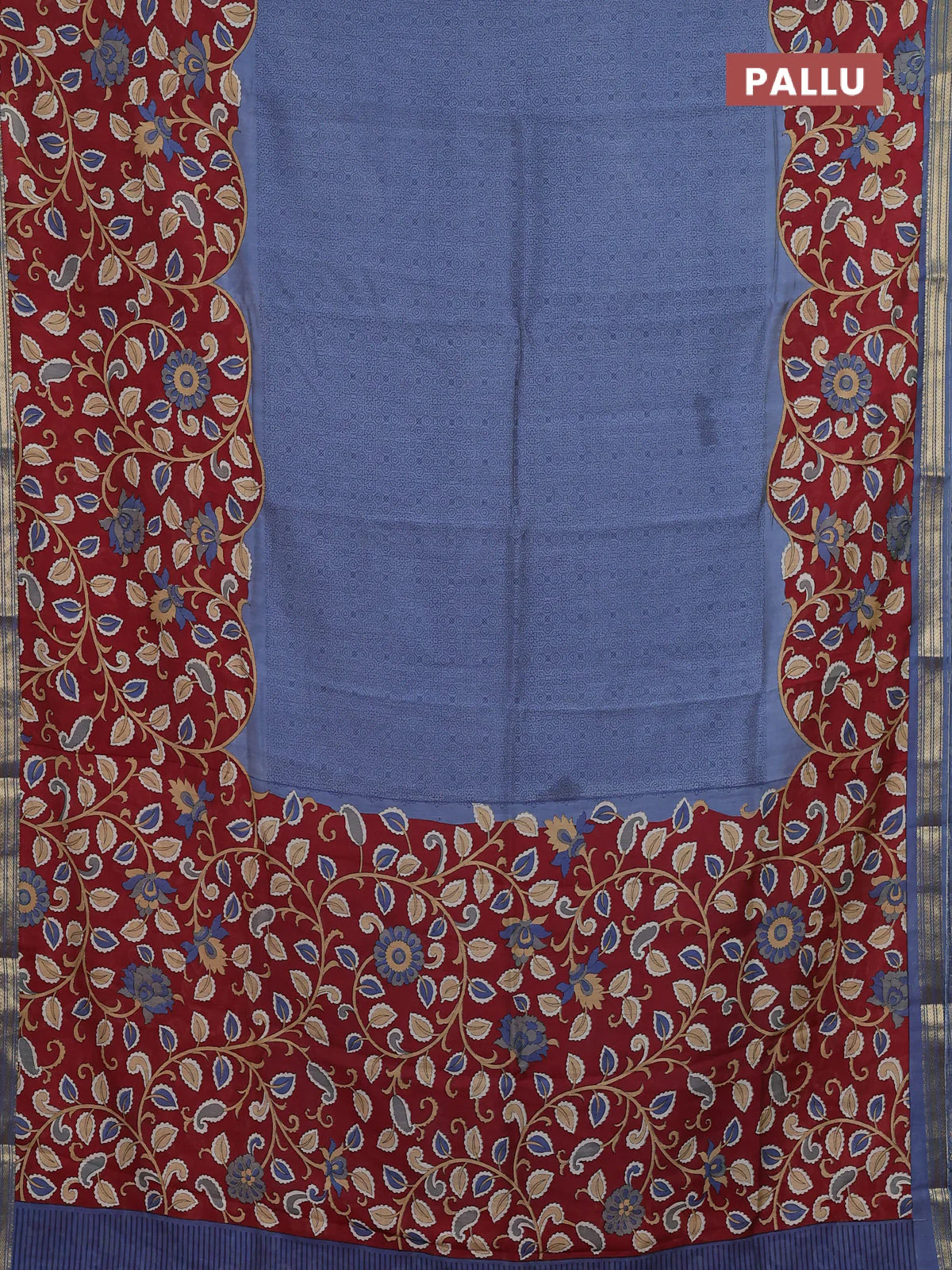 Muslin silk saree greyish blue and maroon with allover prints and long kalamkari printed zari border - Image 3