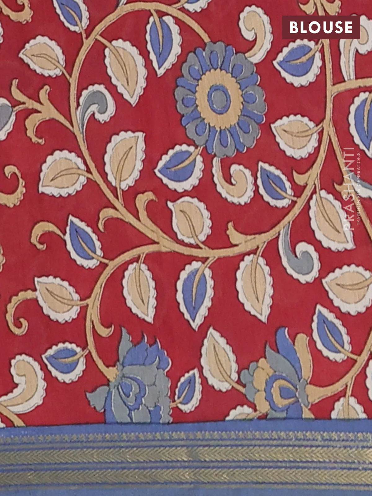 Muslin silk saree greyish blue and maroon with allover prints and long kalamkari printed zari border - Image 4