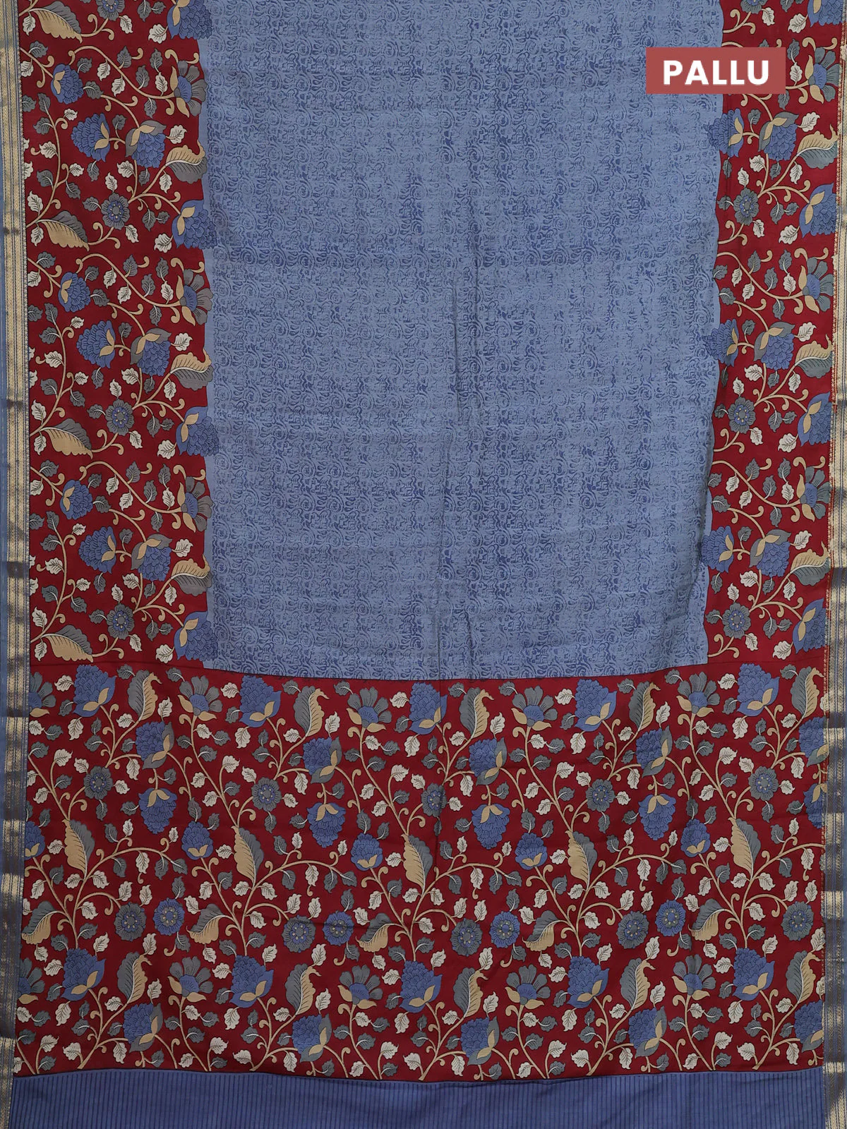 Muslin silk saree greyish blue and maroon with allover prints and long kalamkari printed zari border - Image 3