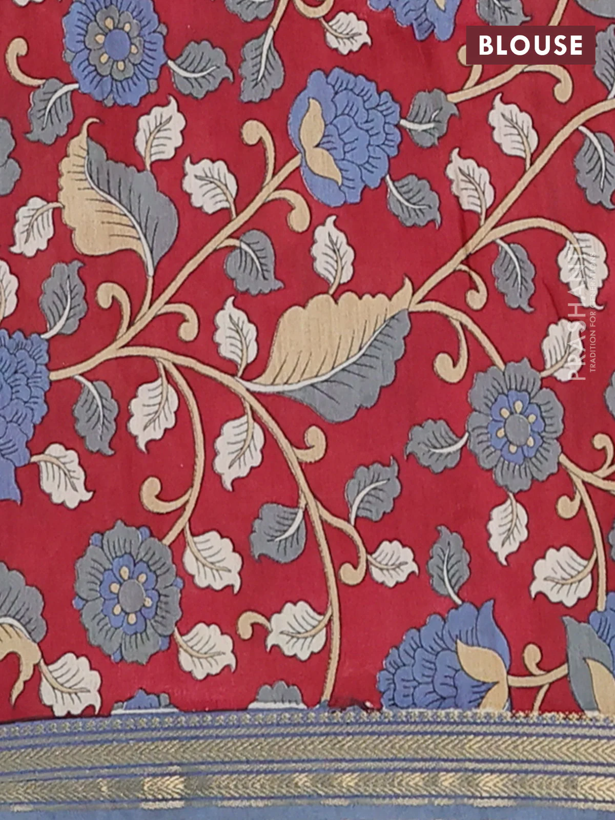 Muslin silk saree greyish blue and maroon with allover prints and long kalamkari printed zari border - Image 4