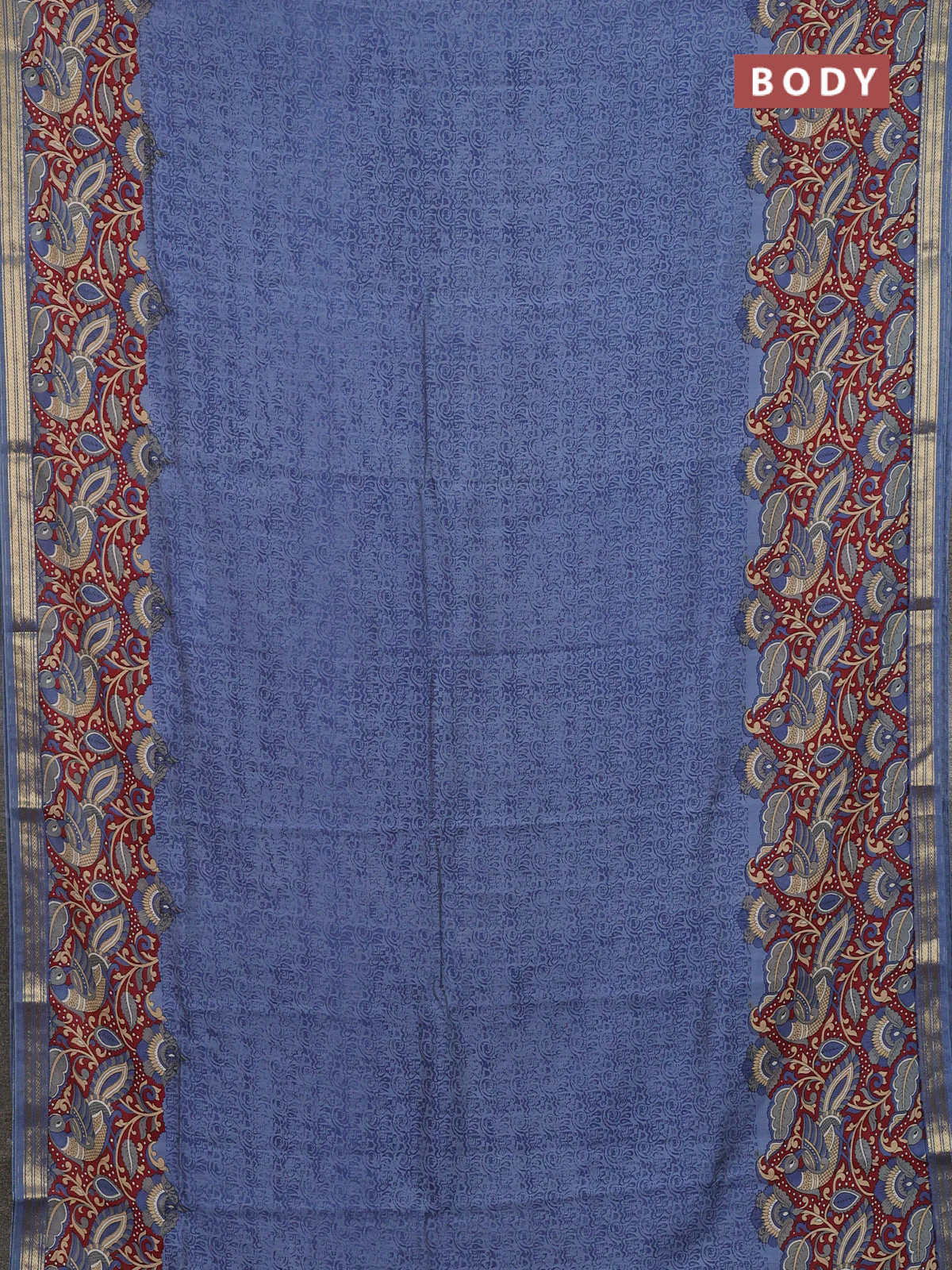 Muslin silk saree greyish blue and maroon with allover prints and long kalamkari printed zari border - Image 2