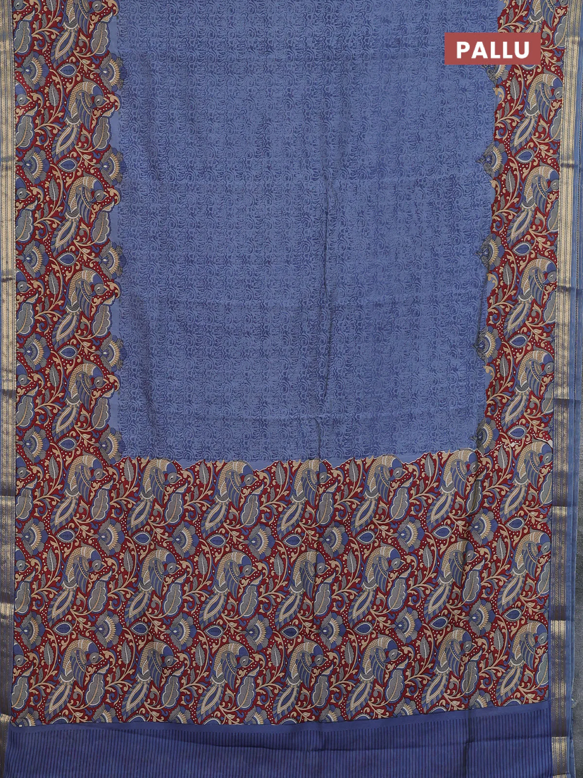 Muslin silk saree greyish blue and maroon with allover prints and long kalamkari printed zari border - Image 3